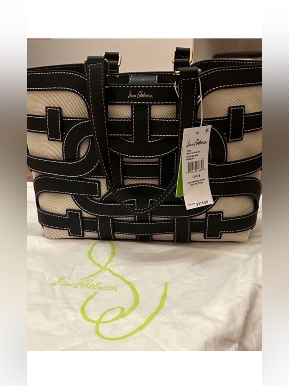 NWT and dust bag Sam Edelman Black and Cream Patterned Canvas Tote